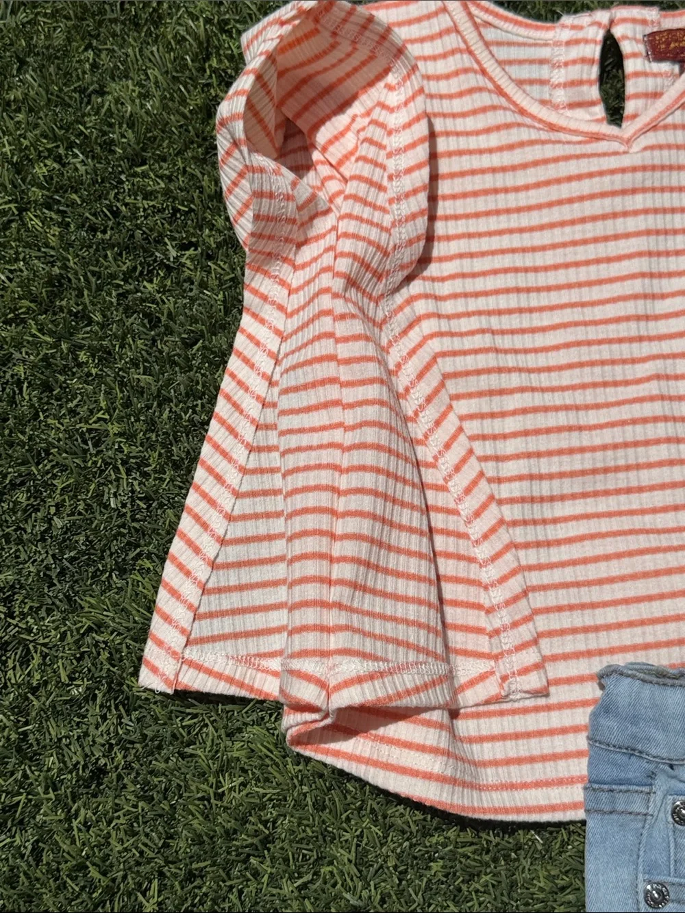 7 For All Mankind Coral and White Striped Crop Top with Faded Blue Jean Short